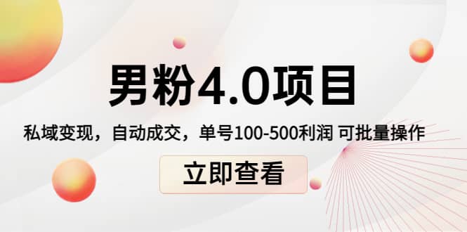 男粉4.0项目：私域变现 自动成交 单号100-500利润 可批量（送1.0+2.0+3.0）-佛系网创