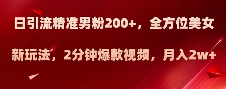 日引流精准男粉200+，全方位美女新玩法，2分钟爆款视频，月入2w+【揭秘】-佛系网创