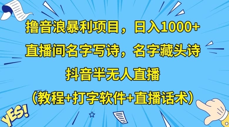 撸音浪暴利项目，日入1000+，直播间名字写诗，名字藏头诗，抖音半无人直播（教程+打字软件+直播话术）【揭秘】-佛系网创