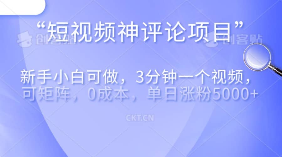 短视频神评论，一天收益500+，新手小白也可操作，长期项目，纯利润-佛系网创