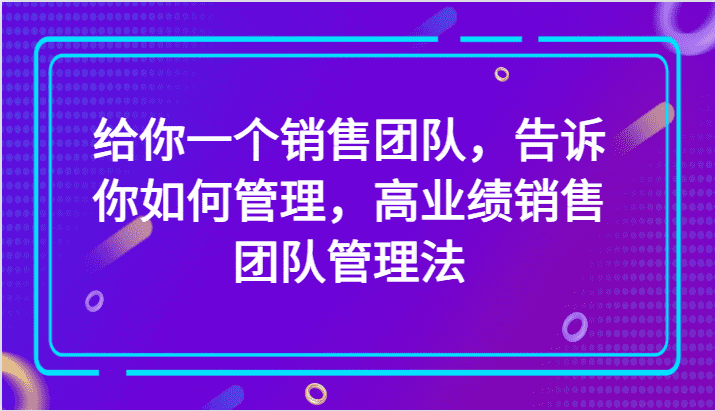 给你一个销售团队，告诉你如何管理，高业绩销售团队管理法（89节课）-佛系网创