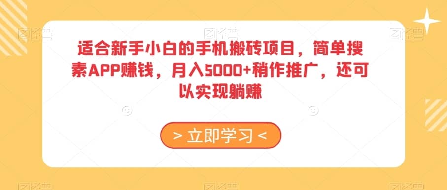 适合新手小白的手机搬砖项目，简单搜素APP赚钱，月入5000+稍作推广，还可以实现躺赚【揭秘】-佛系网创