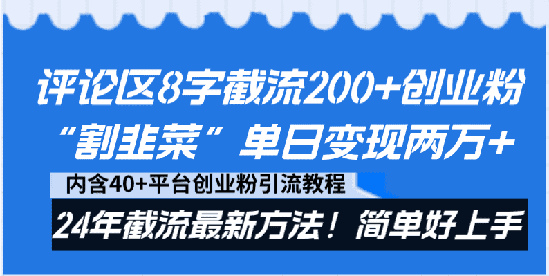 （8771期）评论区8字截流200+创业粉“割韭菜”单日变现两万+24年截流最新方法！-佛系网创